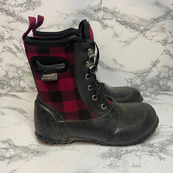 Bogs Youth 2 Sidney Winter Boot Mid Calf Red Buffalo Plaid Waterproof Snow Shoe - Picture 1 of 7